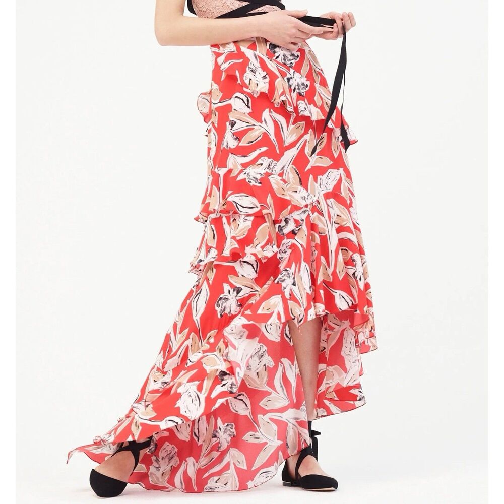 Sachin & Babi Asymmetrical Maxi Skirt (Sz 10) Red 100% Silk Floral Print Tiered